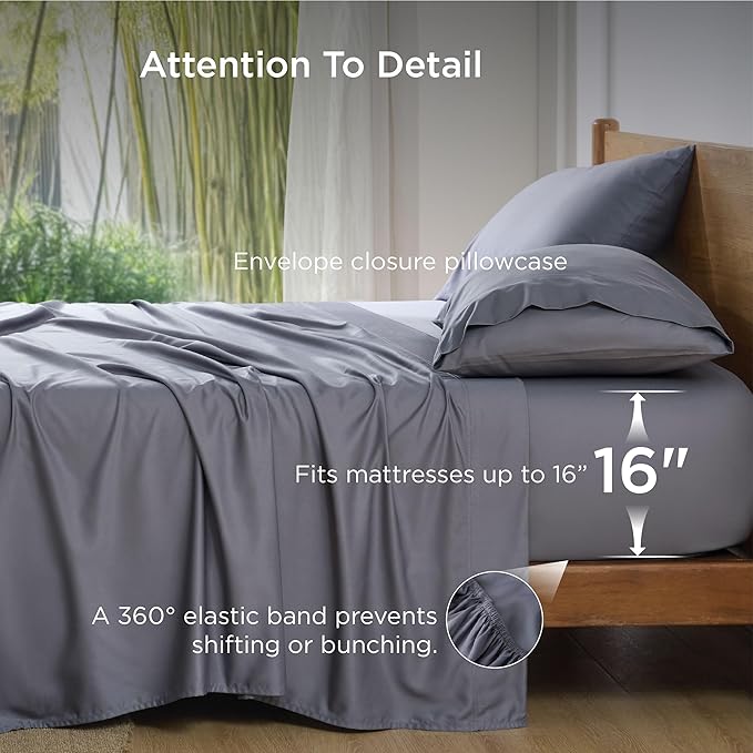 Bedsure California King Sheet Sets, Cooling Sheets, Rayon Derived from Bamboo, Breathable & Soft, Deep Pocket Up to 16 Inches, Hotel Luxury Silky Bedding for Hot Sleepers, Dark Grey