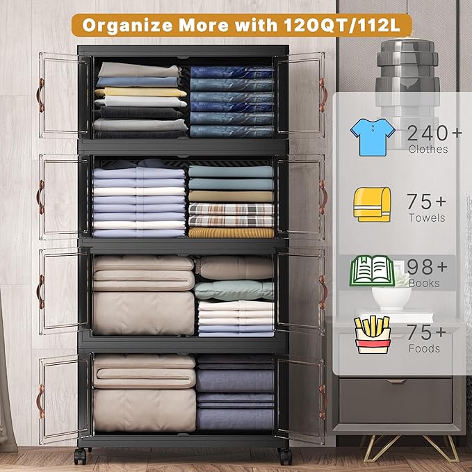 Extra Large Stackable Storage Bins with Lids & Wheels, Foldable Plastic Storage Bins (Dark, 220QT-55QT/14GAL*4Pack)