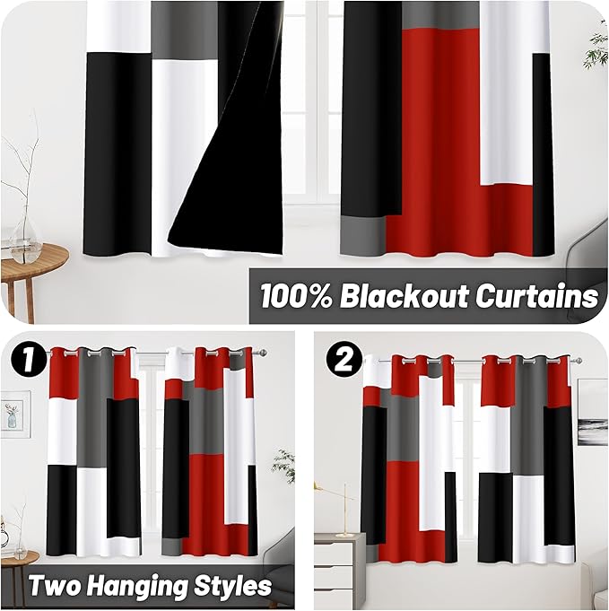 Red Black 100% Blackout Curtains 45 inch Length 2 Panels Set White Grey Modern Abstract Geometric Drapes for Kitchen Black Out Curtains Insulated Room Darkening Small Window Curtains, 52Wx45L