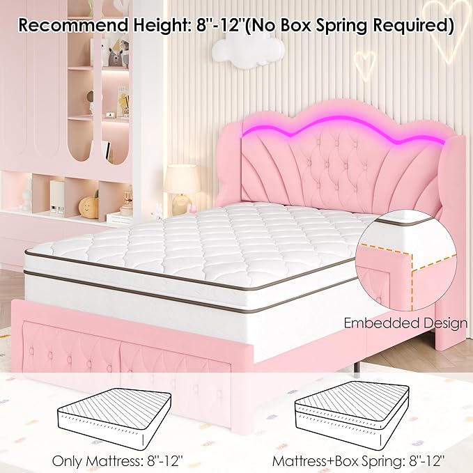 Keyluv Queen Bed Frame with LED Lights and 2 Storage Drawers, Velvet Upholstered Platform with 47" Tall Arc-Shaped Wingback Headboard and Button Tufted Design, No Box Spring Needed, Noise-Free, Pink