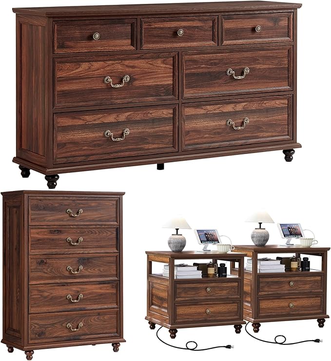 24" Wide Farmhouse Nightstand with Charging Station Set of 2, 54" 7 Drawers Dresser, 45" Tall Rustic Chests of 5 Drawers, Farmhouse Furniture Series for Bedroom,Brown