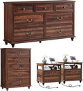 24" Wide Farmhouse Nightstand with Charging Station Set of 2, 54" 7 Drawers Dresser, 45" Tall Rustic Chests of 5 Drawers, Farmhouse Furniture Series for Bedroom,Brown