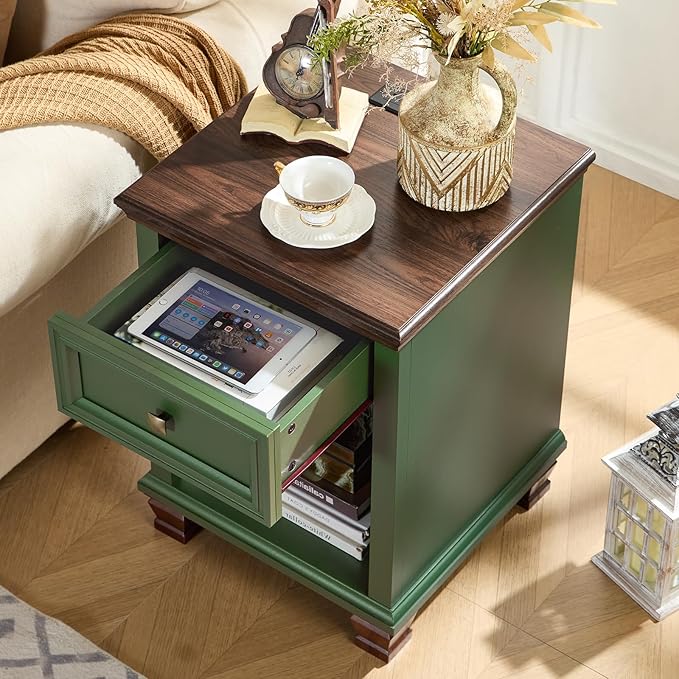 SAVOR LIFE Farmhouse End Tables Living Room with Drawer, Rustic Wood Nightstand with Charging Station, Bedside Table with Open Shelf for Bed Room, Living Room, Green
