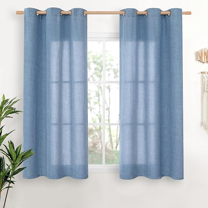 YoungsTex Denim Blue Linen Curtains 48 Inches Long for Short Window, Semi Sheer Drapes with Bronze Grommet Privacy Light Filtering for Bedroom Living Room Kitchen, 42 x 48 Inch, 2 Panels