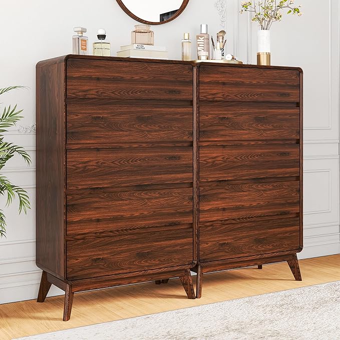 50" Tall Dresser for Bedroom, Vertical Dressers with 5 Drawers and Curved Profile Handleless Design, Chest of Drawers with Natural Texture for Living Room, Hallway and Entryway,Nautral