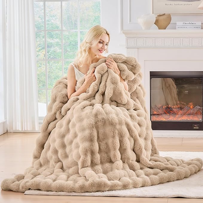 BENVWE Faux Fur Throw Blanket for Couch Bed - Fluffy Soft Thick Bubble Blanket for Living Room Home Decor - Mothers Day Birthday Gifts for Women, Beige, 63" x 80"