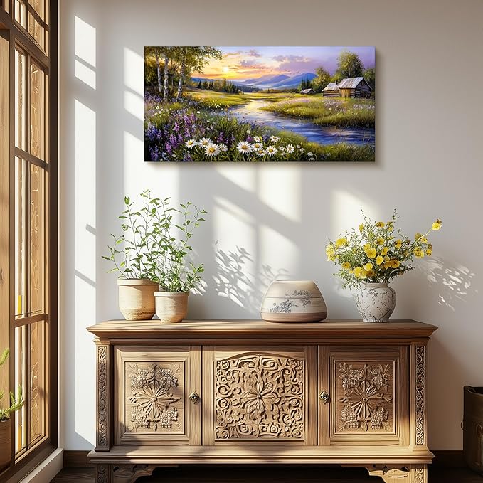 SERIMINO Large Wall Art for Living Room, River Landscape Wall Art, Meadow Wildflower Canvas Art Prints, Countryside Sunset Paintings Wall Decor for Bedroom, Farmhouse Kitchen Decor Pictures 29"X57"
