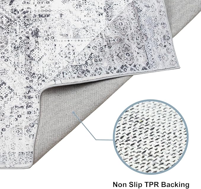 Area Rug 5×7, Vintage Boho Rug,Ultra-Soft Low Pile, Washable, Non Slip,Stain Resistant Printed Carpet for Living Room Bedrooms Playroom Office Kitchen, Classic Grey.