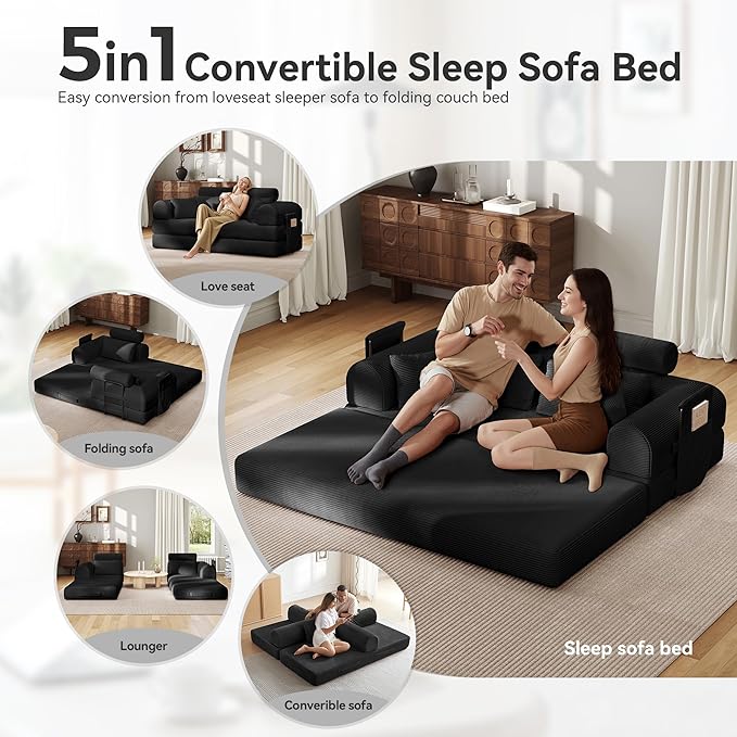 Upgrade High Backrest Design Sofa Bed with Fixed-Shape Frame & Removable Armrests and Backrest, Corduroy Fabric, Convertible Mattress Couch for Small Spaces - No Assembly Needed (High Backrest Black)
