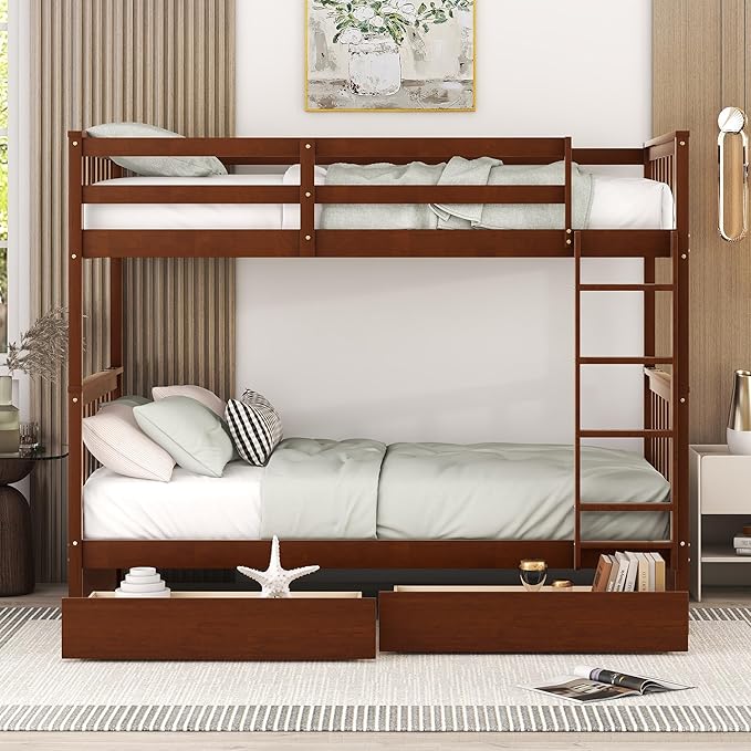 Merax Wood Bunk Bed with Drawers, Twin Over Twin Size Convertible Bunk Bed with Ladders and Two Storage Drawers,Solid Wood Detachable Bed Frame with Ladders, Walnut