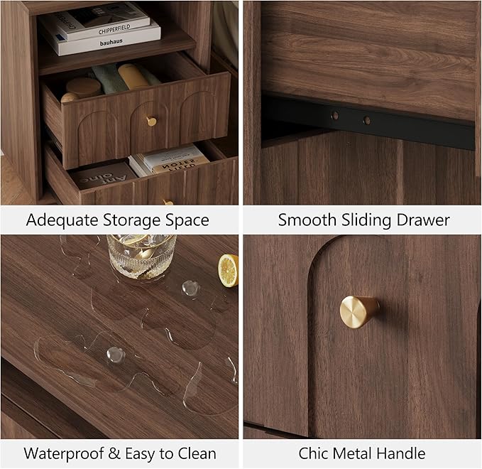 Nightstand Set of 2 with Charging Station, Mid Century Modern Nightstand with Arched Design,Minimalist End Table with Wood Grain Texture, Bedside Table for Bedroom Living Room, Walnut