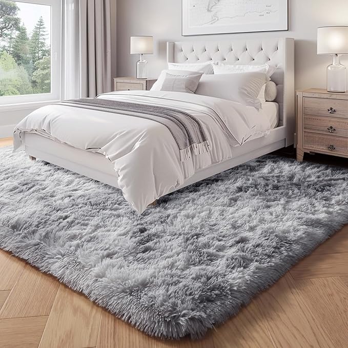 PAGISOFE Abstract Shaggy Machine Washable Area Rug 4' x 6' Plush Soft Fluffy Fuzzy Furry Carpet for Living Room, Home Decor Aesthetic Tie-Dyed Light Grey Bedside Rugs, Nursery Grils Boys Kids Room