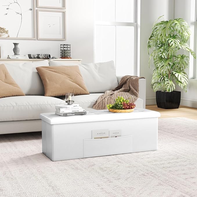 Giantex 43 Inches Folding Storage Ottoman Bench, Upholstered PU Leather Storage Chest with Side Pocket, Padded Seat, End of Bed Bench, Collapsible Ottoman Foot Rest for Living Room, Bedroom & Entryway