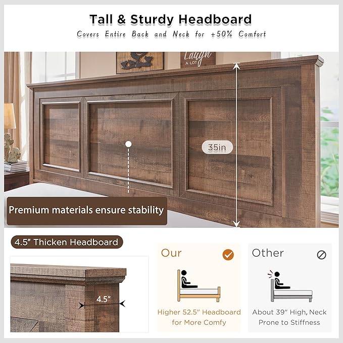 ACCOHOHO Farmhouse King Size Bed Frame with 52" Tall Headboard, Wood Platform Bedframe with Footboard and Storage Drawers, No Squeak, No Box Spring Needed, Light Brown