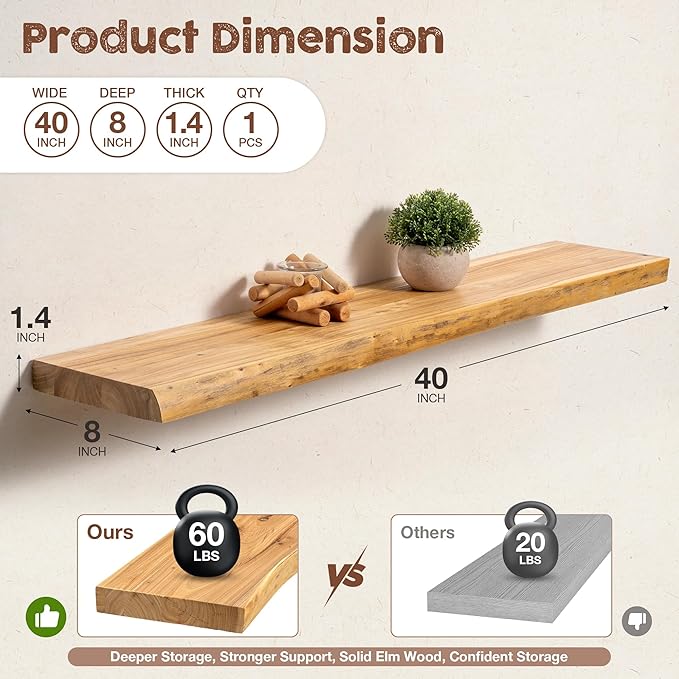 fuqing Live Edge Floating Shelves for Wall 40 inch, 8 Inch Deep Solid Elm Wood Floating Wall Shelves - Rustic Wooden Shelves with Invisible Brackets for Living Room Bedroom Kitchen, 1 Pack, Natural
