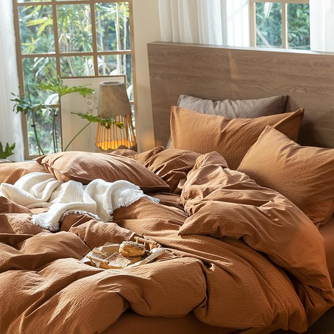 MooMee Wavy Striped Duvet Cover Set 100% Washed Cotton Linen Like Textured Breathable Durable Soft Comfy (Dark Orange, Twin 68"x90")