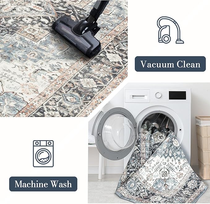 Runner Rug 2×6, Vintage Boho Rug,Ultra-Soft Low Pile, Washable, Non Slip,Stain Resistant Printed Carpet for Hallway Kitchen Living Room Bedrooms Playroom Office, Blue/Navy