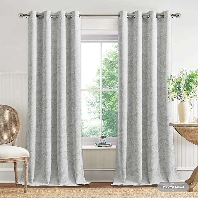 Beauoop Grey Floral Jacquard Blackout Curtains 84 Inches Long 2 Panels for Bedroom Living Room Gray Flower Chenille Room Darkening Thermal Insulated Soundproof Grommet Window Treatments Drapes, 52x84