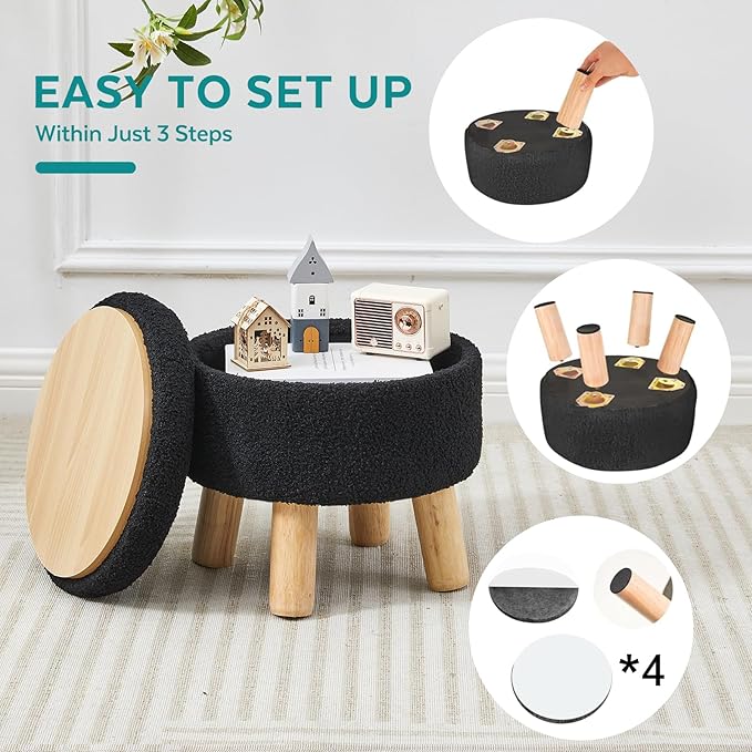 FIMIVIBI Small Foot Stool Ottoman with Storage, Sherpa Ottoman Foot Rest for Couch, Round Footstool with Storage, Small Ottomans and Footstools for Living Room and Entryway (Black)