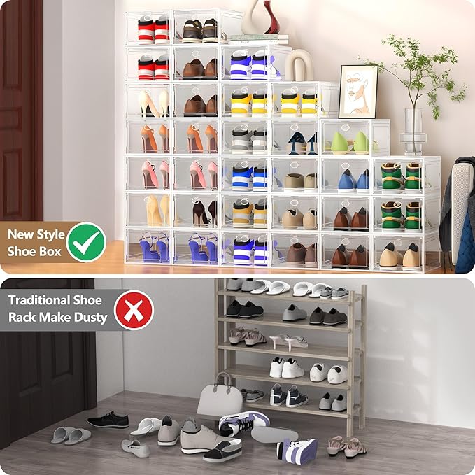 XX Large Clear Shoe Storage Box Organizer for Closet, 9 Pack Thicken Hard Plastic Stackable Shoe Sneaker Rack Display Case Container Bins Organizer, Easy Assembly, Clear