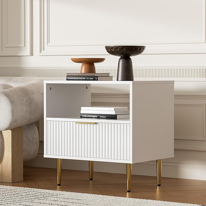 White Nightstand Set of 2, Modern Nightstand with Drawer, End Table with Storage, Bed Side Table with Open Space for Bedroom, Living Room, White