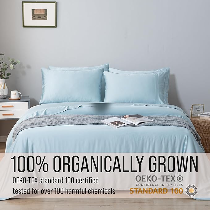 Bella Coterie 6 Piece Luxury Bamboo Viscose Queen Size Sheet Set | 100% Organically Grown | Cooling for Hot Sleepers | 18" Deep Pocket | Soft & Hypoallergenic | 4 Pillowcases [Coastal Blue]