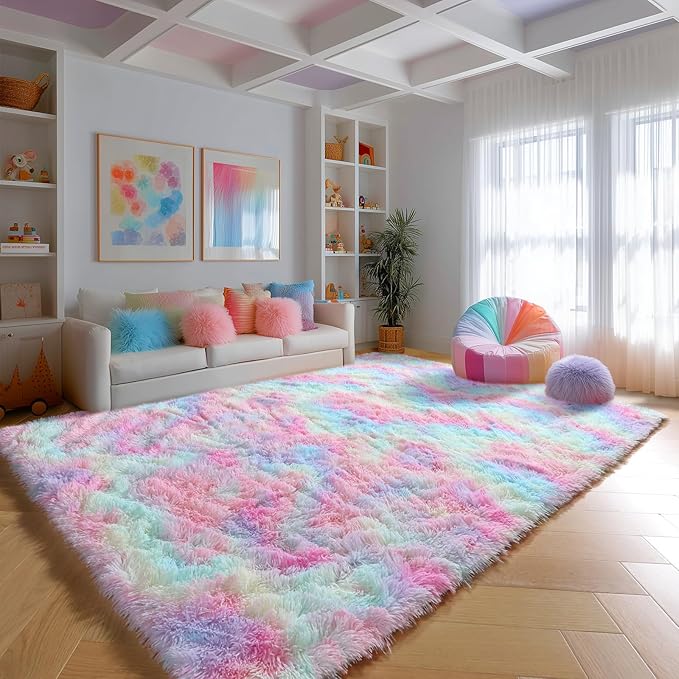 PAGISOFE Fluffy Soft Plush Washable Area Rugs for Girls Bedroom Shaggy Rugs for Kids Playroom Kawaii Princess Fuzzy Nursery Rug for Baby's Toddler's Room Cute Room Decor for Teenage 5x8 Ft Rainbow