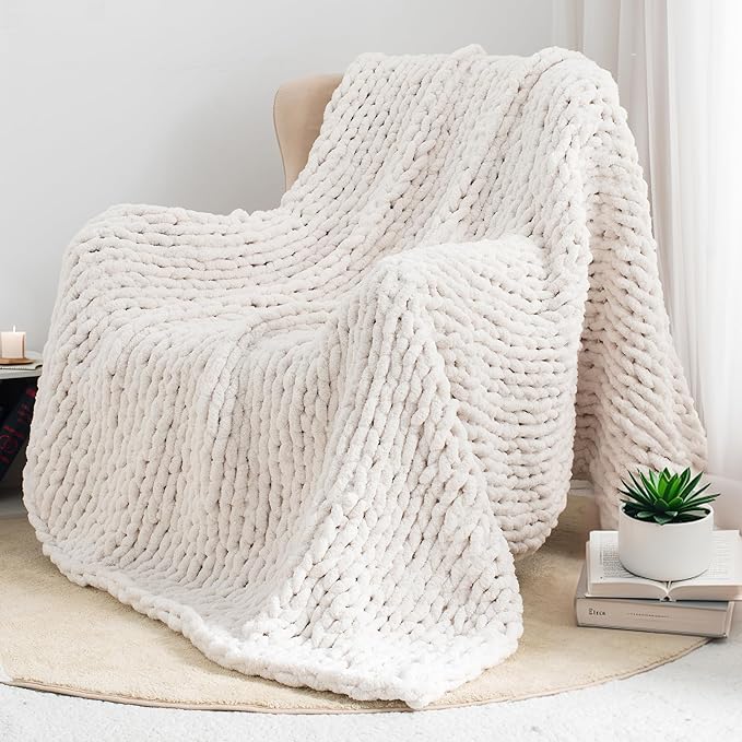 Chunky Knit Throw Blanket 50"X 60", 100% Handmade with Soft Chenille Yarn, 4.4lbs Thick Cable Knitted Blankets, Large Rope Knot Crochet Throws for Couch Sofa Bed Home Decor, Cream White