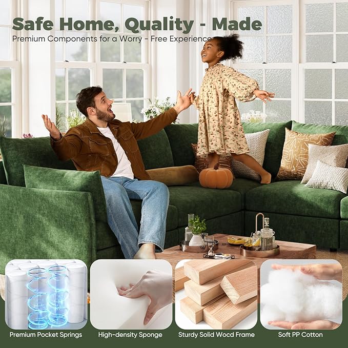 ABCASA 102.6" Modular Sectional Sofa, L Shaped Couch Set for Living Room, 3-Seater Comfy Cloud Couches with Movable Storage Ottoman,DIY Combination - Chenille Green