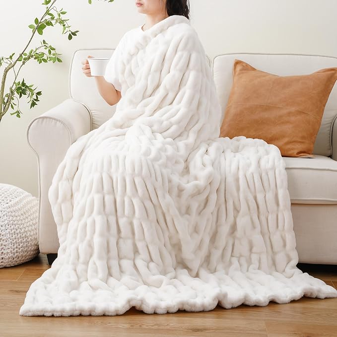 BATTILO HOME Cream Faux Fur Throw Blanket, Double Side Ruched Rabbit Fur Blanket for Couch, Bed, Super Soft Cozy Fuzzy Mink Blanket, 50"x60"(Ivory)