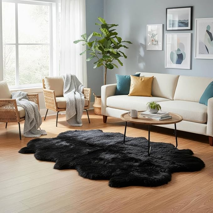Black Sheepskin Rug 4x6 ft, Genuine Quad Pelt Fluffy Fur Area Rug for Living Room, Bed & Home Decor, Natural Sheepskin Throw
