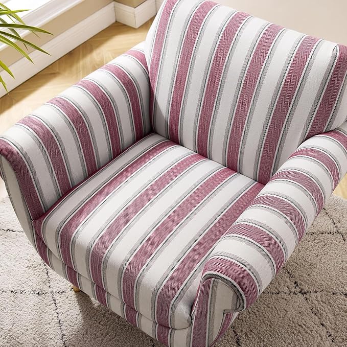 VANOMi Mid-Century Accent Chair with Stripe Pattern, Modern Linen Fabric Armchair with Wood Legs, Club Chair for Living Room, Comfy Upholstered Side Chairs for Bedroom, Reading, Small Place (Red)