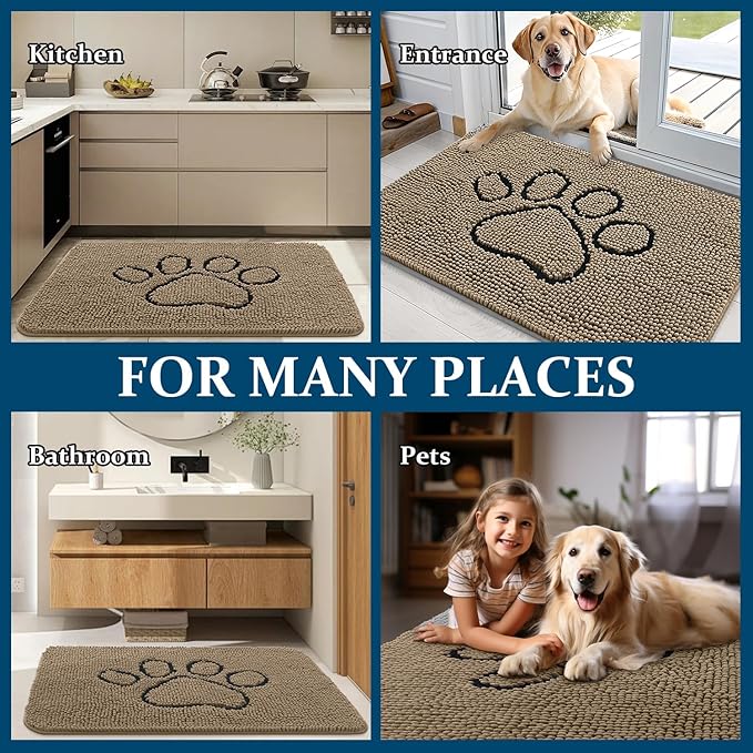 OLANLY Dog Door Mat for Muddy Paws 59x24, Paw Print Design, Absorbs Moisture and Dirt, Absorbent Non-Slip Washable Doormat, Quick Dry Chenille Mud Mat for Dogs, Entry Indoor Entryway Carpet, Tan