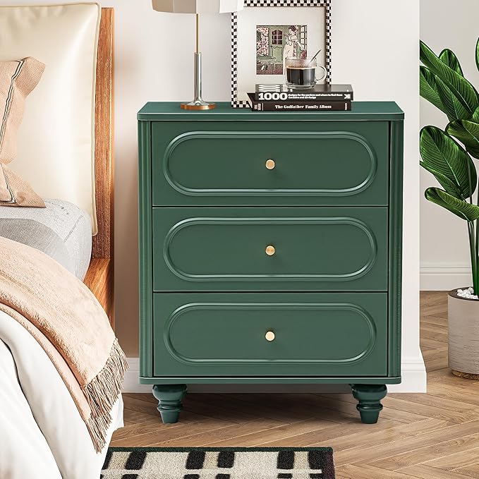3 Drawer Fluted Dresser for Bedroom, Mid Century Modern Chest of Drawers, Wood Storage Small Dresser Organizer for Bedroom Living Room Hallway Closet, Green