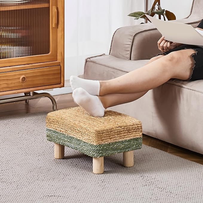 Wimarsbon Natural Seagrass Footstool Ottoman Rectangular Footrest Pouf Ottomans with Wooden Legs Hand Weave Step Stool for Living Room Bedroom Entryway Green