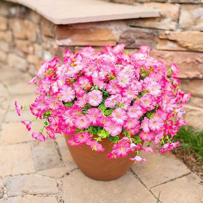 Artificial Flowers Fake Plants for Outdoors Decoration, 12 Bundles Pink Silk Morning Glory with Eucalyptus Realistic UV Resistant Faux Flowers Greenery for Outside Planter Yard Garden Home Indoor Urn