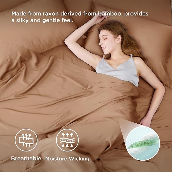 Bedsure Full Size Bed Sheets, Cooling Sheets, Rayon Derived from Bamboo, Breathable & Soft, Deep Pocket Up to 16 Inches, Hotel Luxury Silky Bedding for Hot Sleepers, Khaki