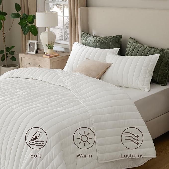 Bedsure Velvet Quilt Queen Size Set - Lightweight Velvet Comforter Queen, Luxury Bedspread Coverlet, Ultra-Soft Winter Bedding Set with 2 Pillow Shams, 90"x96", Cream White
