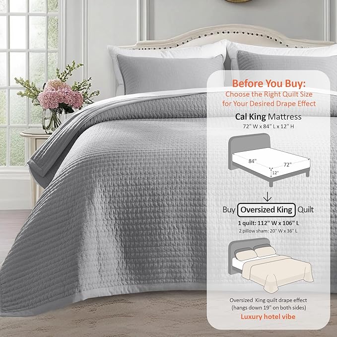 Oversized King Quilt Set 112"x106" – Soft Washed 3-Layer Lightweight California King Bedspread, Minimalist Nordic Design, All-Season Spring & Summer Quilt Set (1 Quilt + 2 Pillow Shams), Solid Grey