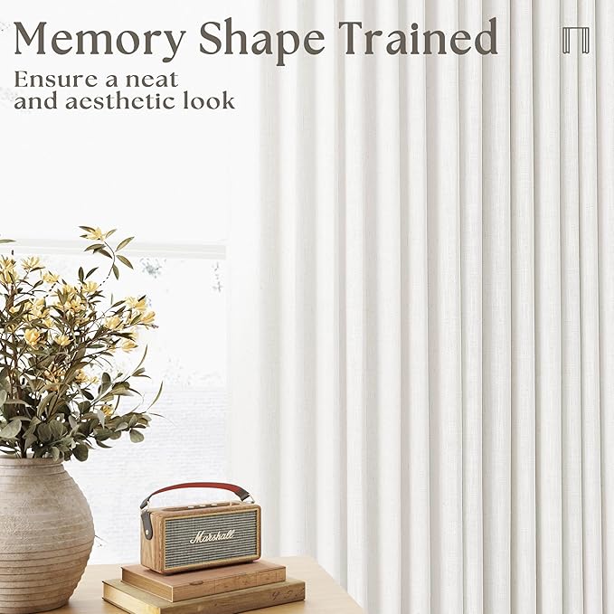 Beige White Pinch Pleated Extra Wide Curtain Panels 90 Inches Long 100 Wide Linen Curtain for Sliding Glass Door Semi Sheer Hooks Rings Privacy 90 Inch Length Drape for Living Room 100x90 1 Panel