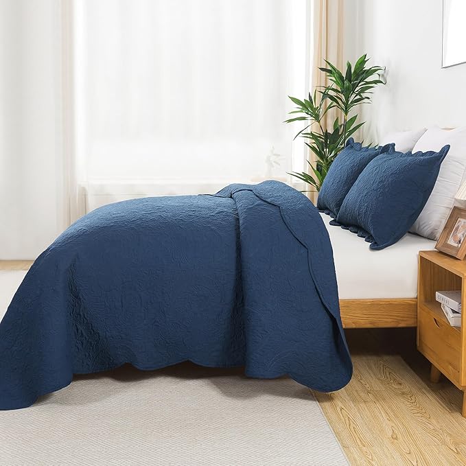 HoneiLife Quilt Sets King Size - Microfiber Bedspreads for King Bed, 3-Piece Lightweight Coverlets, Retro Bedlinen Sets, King Quilt Bedding Set All Season Use-Navy