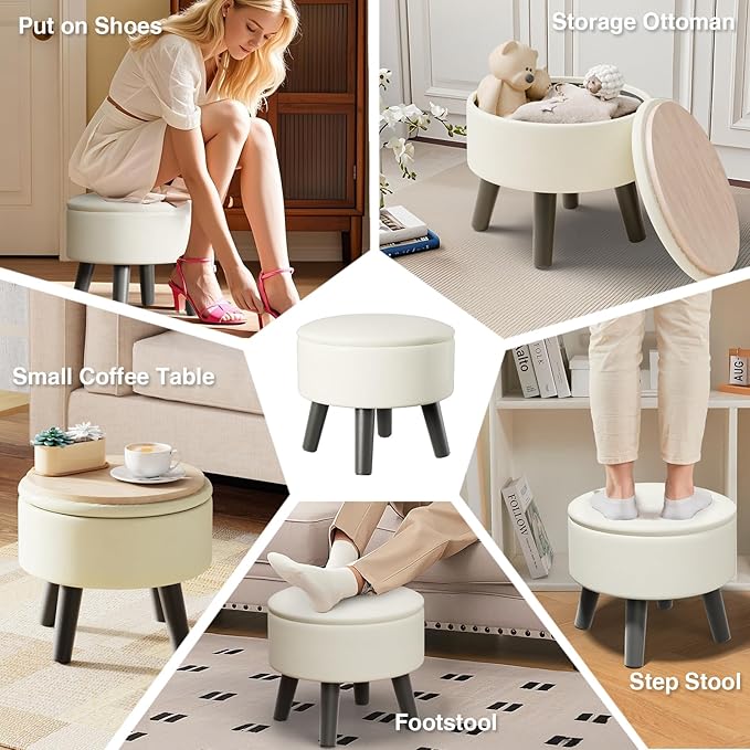 FIMIVIBI Small Foot Stool Ottoman with Storage, Faux Leather Ottoman Foot Rest for Couch, Round Footstool Ottomans for Living Room (White)