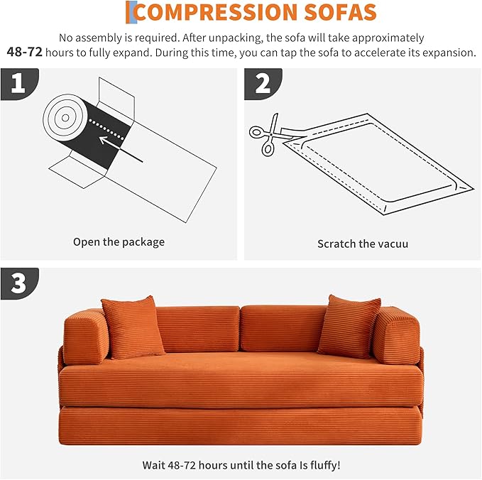 Garvee 5-in-1 Convertible Sofa Bed, 78.8" Modular Corduroy Sleeper with Sturdy Frame & No Assembly, Multi-Functional Futon for Small Space, Living Room & Guest Room (Orange)
