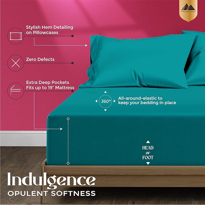Mayfair Linen 100% Egyptian Cotton Queen Sheet Set - Luxury 1200 High Thread Count Egyptian Cotton Sheets Queen Size (4 PC, Teal), Silky Soft, Cooling, 17" Deep Pocket Sateen Weave Hotel Bedding