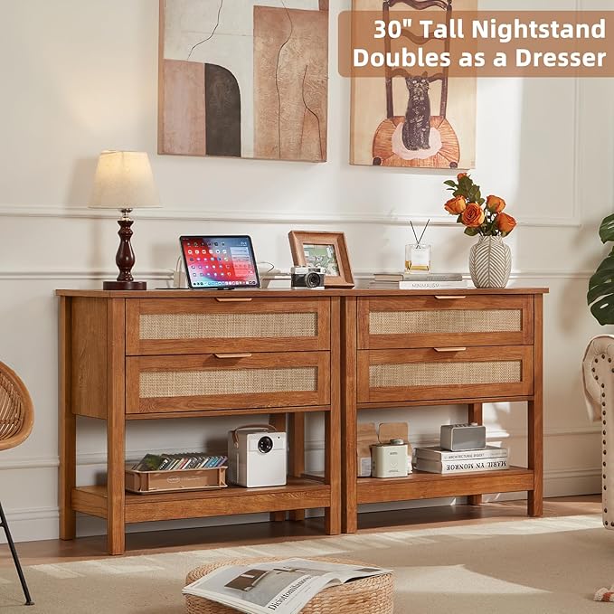 LEYAOYAO 31.5" Wide Rattan Night Stand with Charger Station, Oversized Large Boho Nightstand with 2 Drawer, Tea Brown Bed Side End Tables, Tall Bedside Table for Bedroom Living Room, Hallway