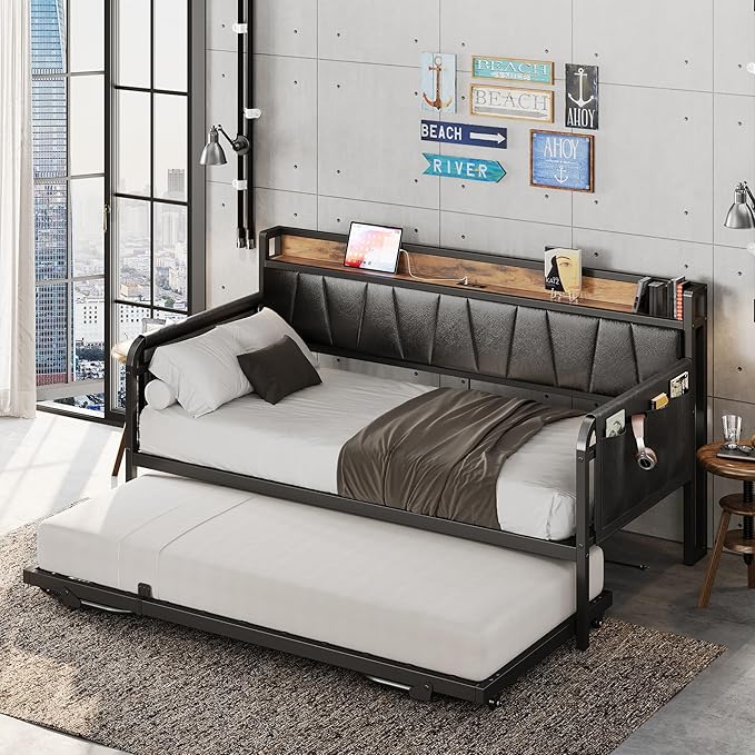 LIKIMIO Daybed with Trundle Bed, Twin Bed Frame with Storage Headboard and Charging Station, Sofa Day Bed with Strong Supports for Living Room, Bedroom, and Guest Room, Black