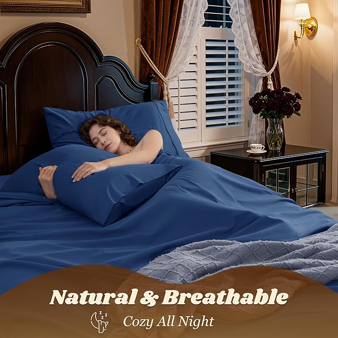 LBRO2M 1000 Thread Count 100% Cotton Sheets Set,King Size Bed Sheet 4 Piece Sets,Long Staple,16 Inches Deep Pocket,All Season,Bedding Super Soft Comforterble Breathable,Sateen (Navy Blue)