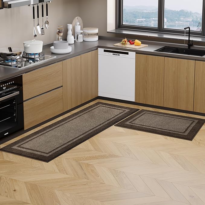 Kitchen Rugs Set (24" x 36"+24" x 60"), Non-Slip Machine Washable Kitchen Runner Rugs Floor Mats, Absorbent Comfort Standing Mat for Kitchen, Sink and Hallway, Rolled Packaging, Grayish Brown & Coffee