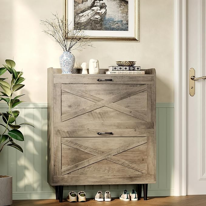 VINGLI Shoe Storage Cabinet for Entryway with 2 Flip Drawers, Ultra Slim Freestanding Entryway Shoe Organizer with Wood Tapered Legs,Hidden Closed Shoe Rack,31.6" W * 9.4" D * 39.4" H, Washed Gray