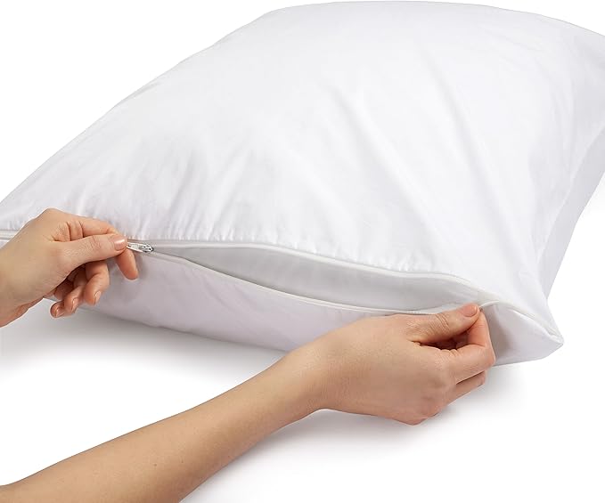 Amazon Basics Standard Pillowcase with Zipper, 100% Cotton Hypoallergenic, Pillow Protector, White (27 x 21 Inches), Pillows Not Included